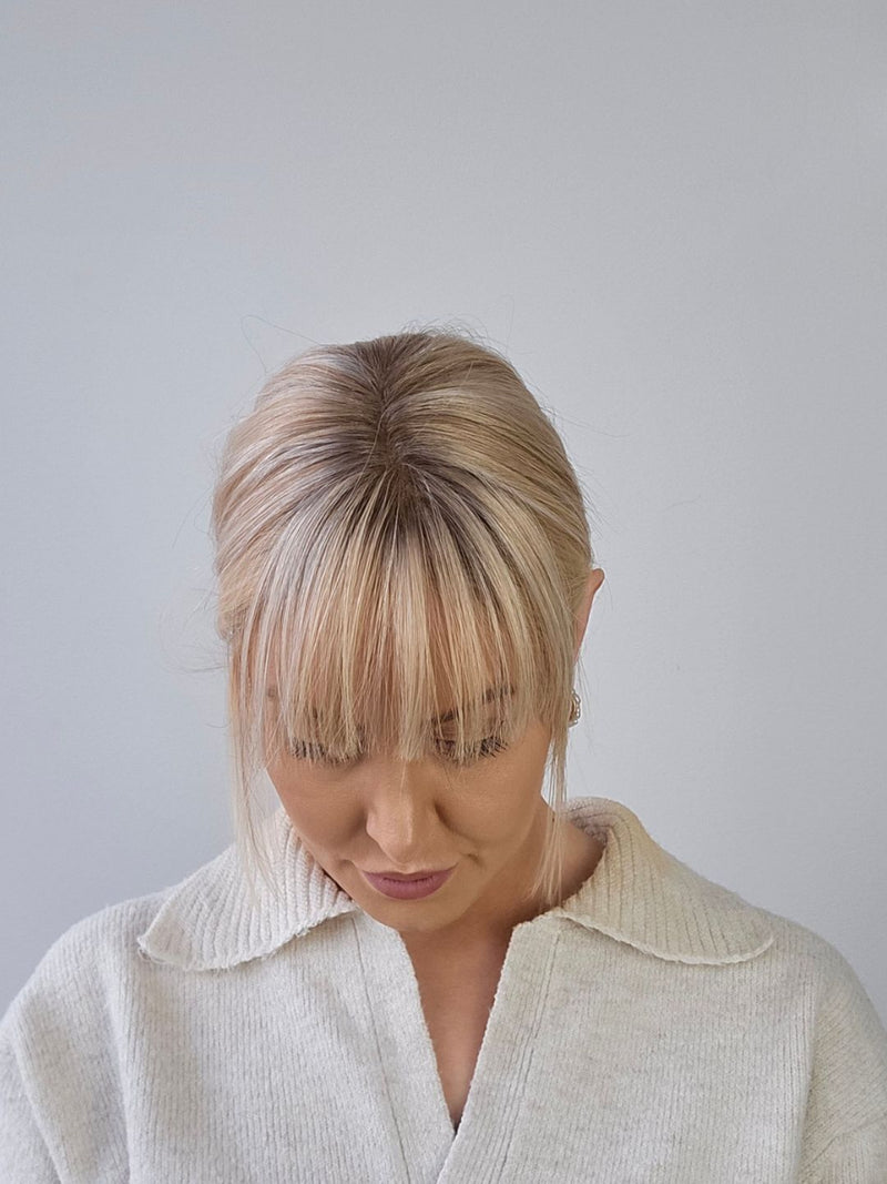 18" Rooted Neutral blonde Mono Fringe Topper