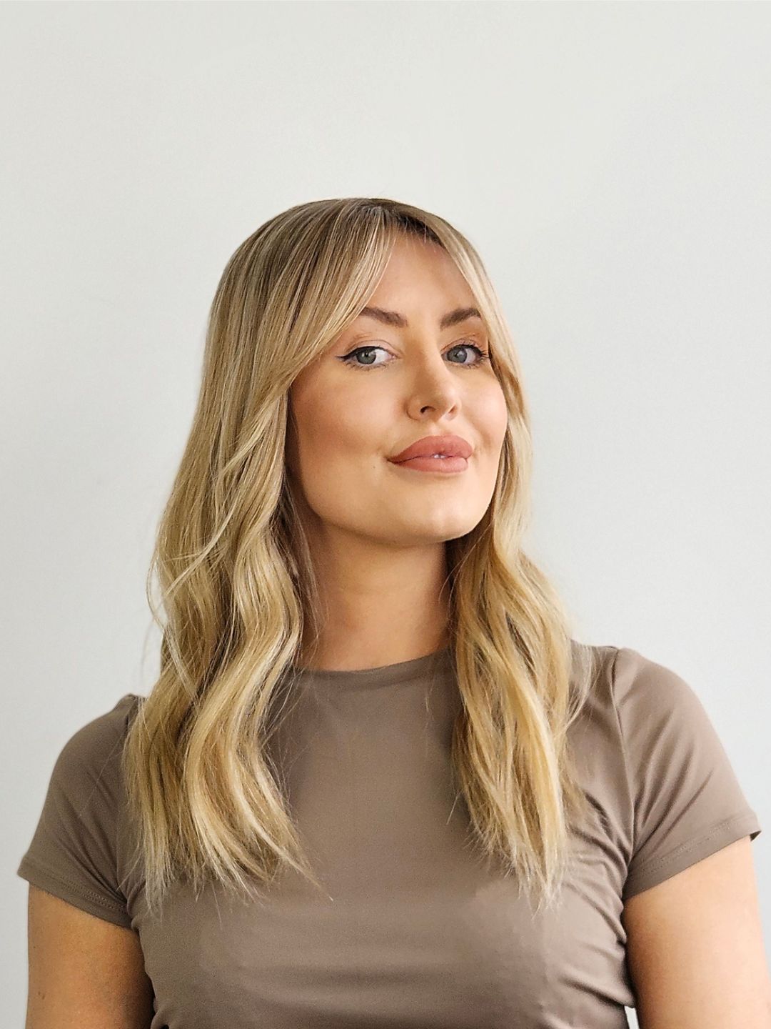 18" Warm Blonde balayage Silk topper with Curtain Bangs