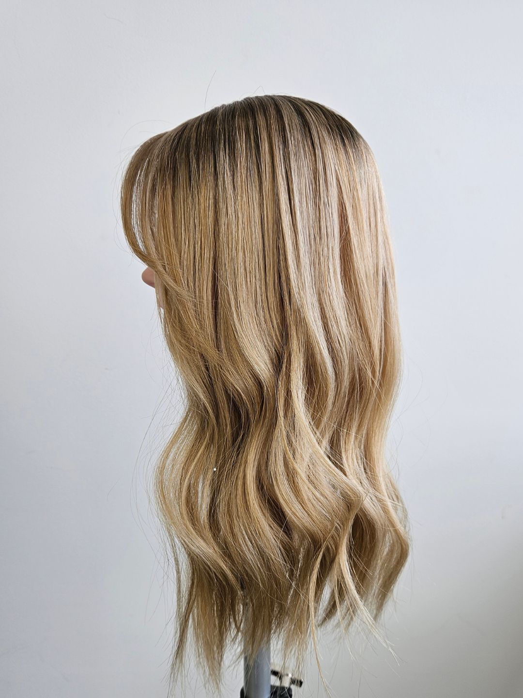 18" Warm Blonde balayage Silk topper with Curtain Bangs