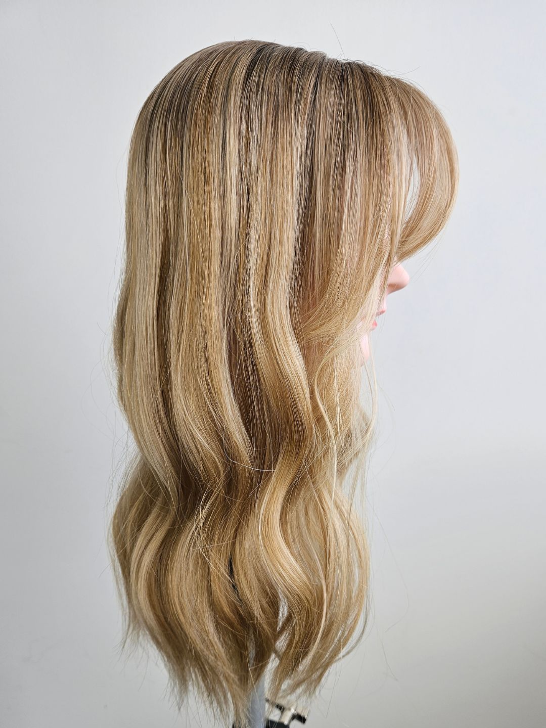 18" Warm Blonde balayage Silk topper with Curtain Bangs