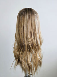 18" Warm Blonde balayage Silk topper with Curtain Bangs