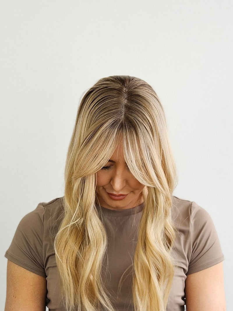 18" Warm Blonde balayage Silk topper with Curtain Bangs