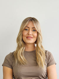 18" Warm Blonde balayage Silk topper with Curtain Bangs