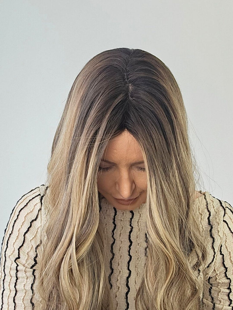 20" Dark Brown With blonde highlights Silk Topper